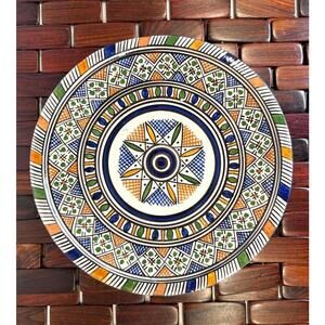 Vintage Hand Painted Moroccan Fes Plate Signed 9” Geometric Ceramic Pottery